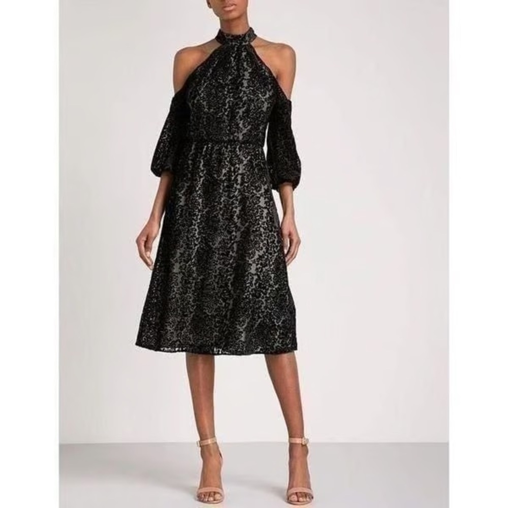 Alice + Olivia Ruthann Cold Shoulder Black Velvet Lace Overlay Midi Dress Size 6